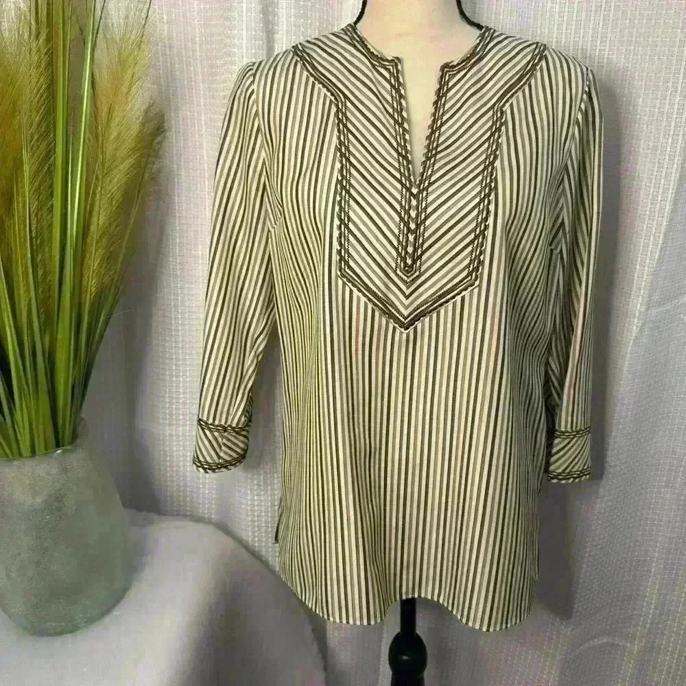 Tracy M 100% Silk Size Large 3/4 Sleeve Striped Tunic Hobo Embroidered Trim